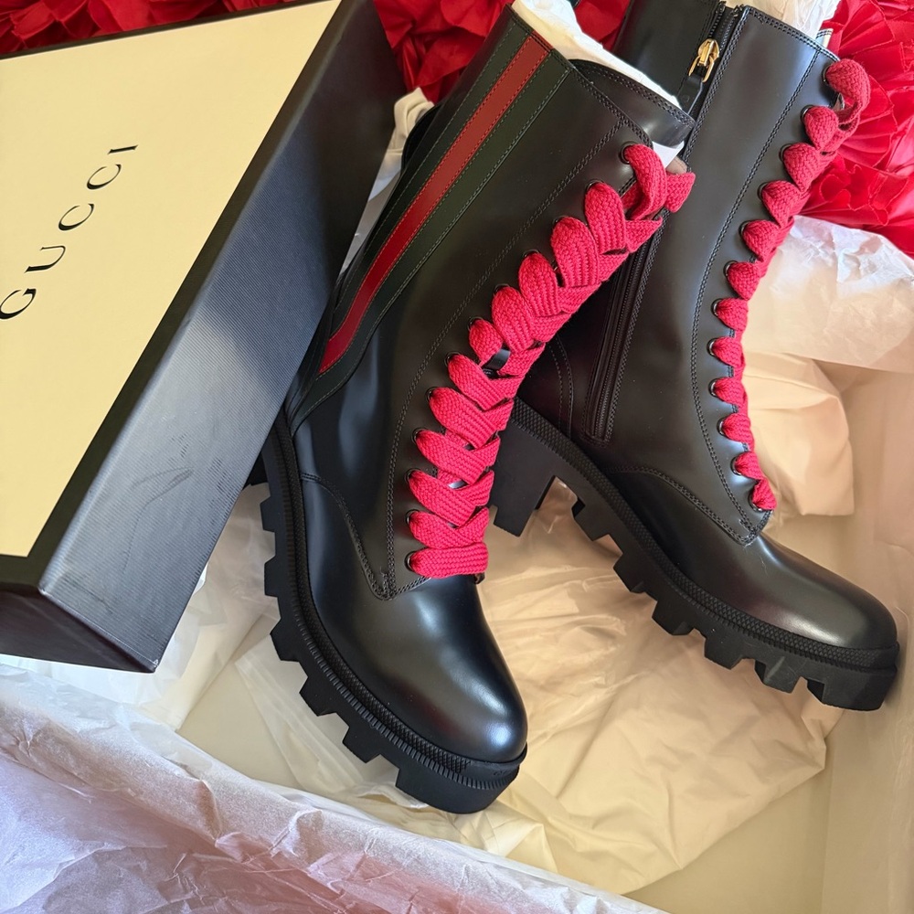 Gucci Magnum Web Black Leather Red Lace Combat Boots 39